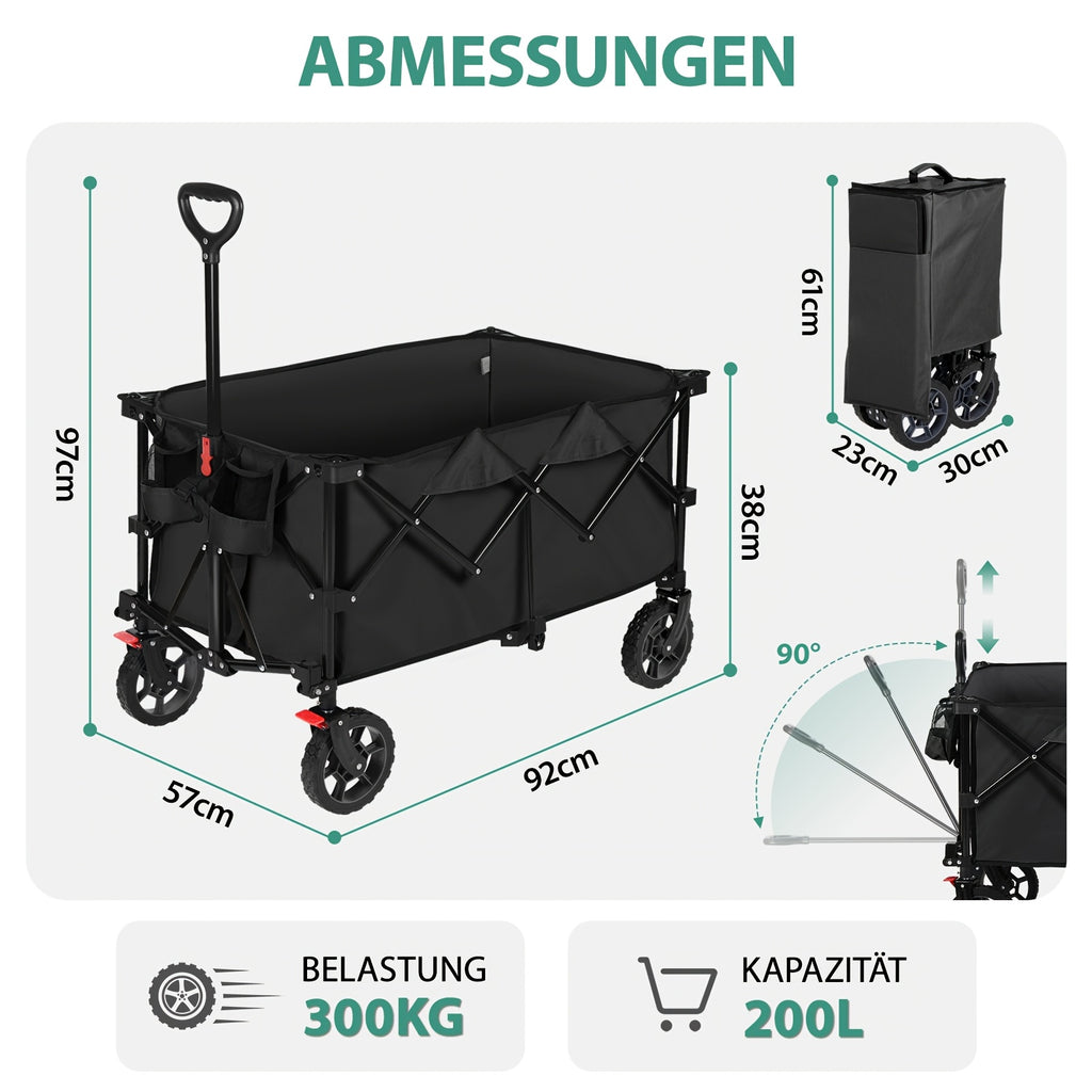 Chariot Pliant XXL Plus 200L Capacité de Charge 300KG, Chariot Pliable Adapté à l'Utilisation Hors Route avec Freins, Chariot Pliable dans Quatre Directions, Vert Olive/ Gris/ Bleu/ Noir