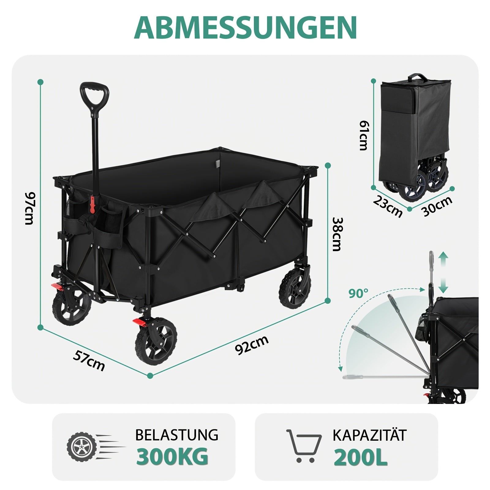Chariot Pliant XXL Plus 200L Capacité de Charge 300KG, Chariot Pliable Adapté à l'Utilisation Hors Route avec Freins, Chariot Pliable dans Quatre Directions, Vert Olive/ Gris/ Bleu/ Noir