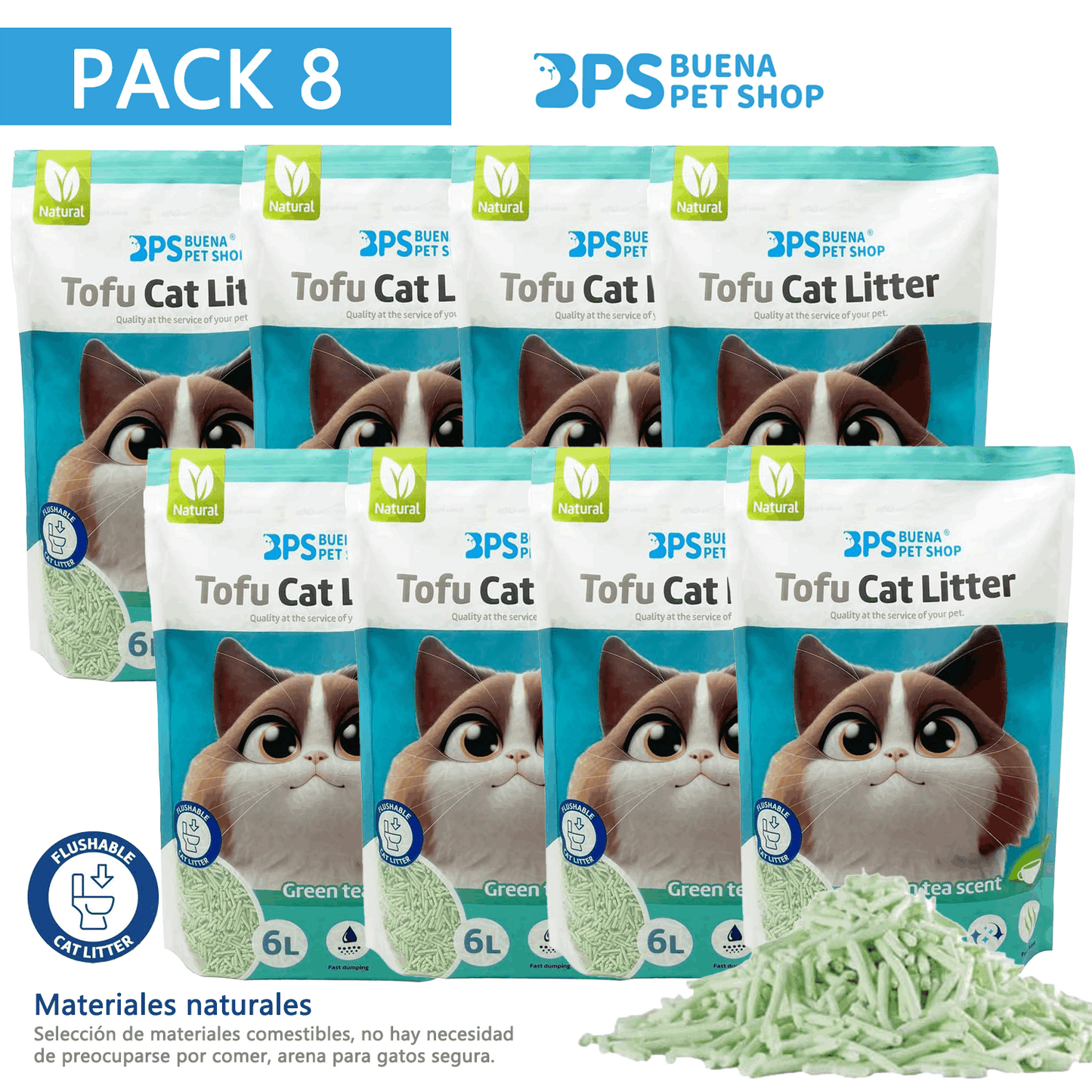 BPS Litière pour Chat Tofu Arena 6L - Sans Poussière, Facile à Agglomérer et Contrôle des Odeurs - et Sûre pour les Chaton - Lot de 8 Sacs