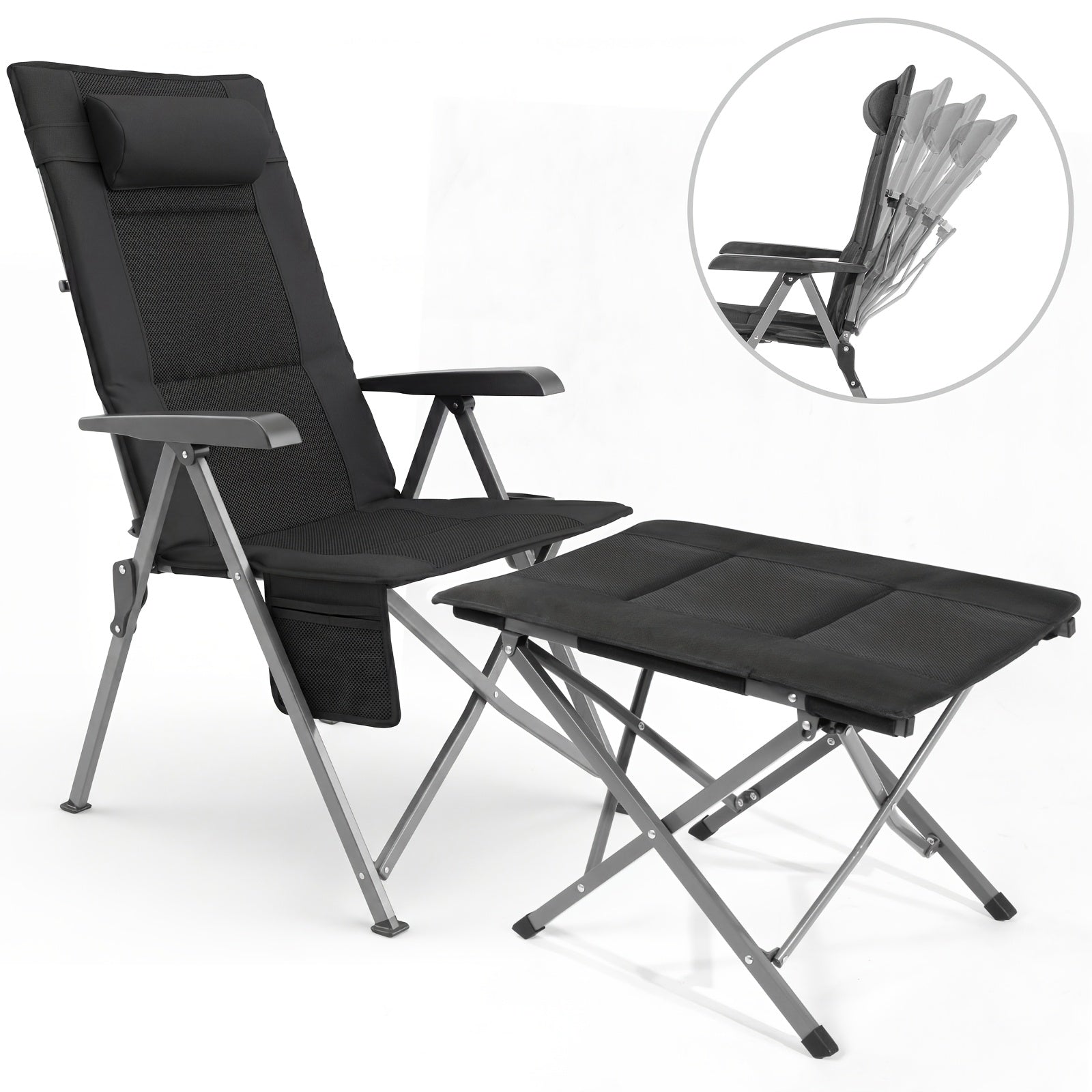 1pc Chaise de camping pliable et portable, chaise de pêche d'extérieur légère, dos en maille 3D pour la ventilation, repose-pieds amovible, dos haut de 72 cm, 4 dossiers réglables, poches latérales en maille pour les tasses, tissu Oxford, comprend un sac