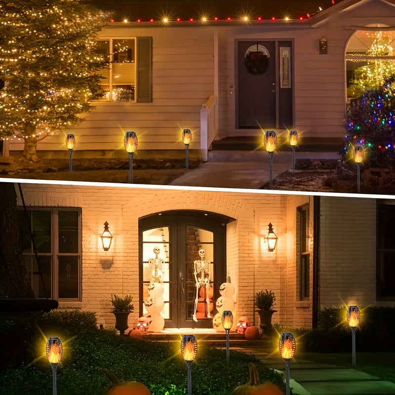 Lot de 4/6/8/10/12 lampes torches solaires à effet flamme, IPX5, éclairage extérieur de jardin et allée, plastique durable, célébrations de fêtes et ambiance de patio, décoration de jardin festive à effet flamme vacillant