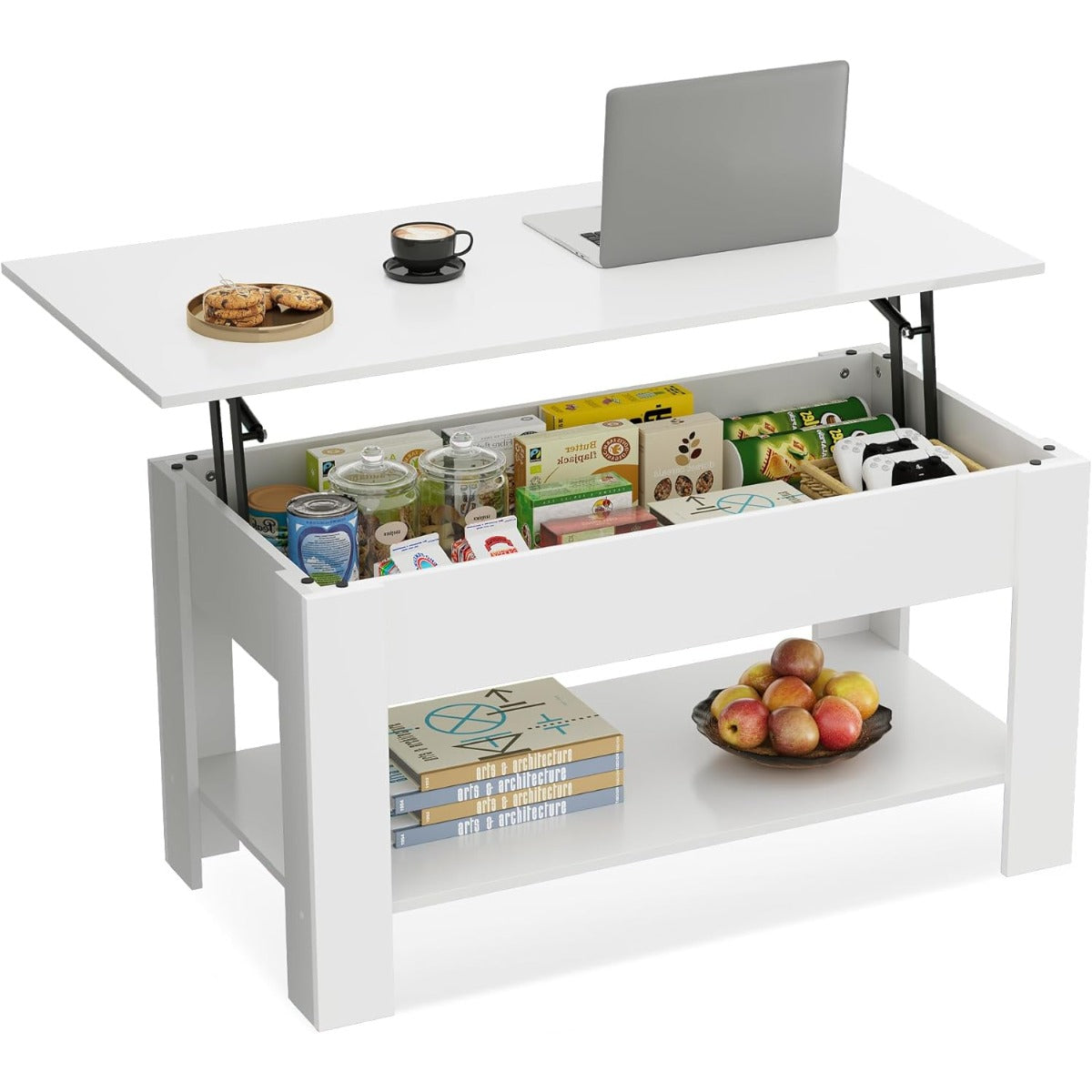 Table Basse Réglable en Hauteur avec Étagère, Table de Salon Rectangulaire avec Espace de Rangement Ouvert et Caché, Table de Salon pour Salon, Chambre à Coucher