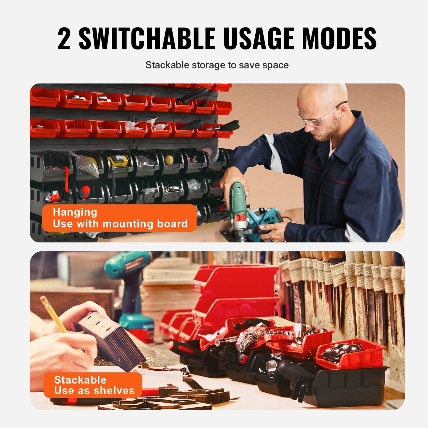 VEVOR Rangement mural pour pièces détachées, organiseur de garage à 48 compartiments en plastique avec panneaux muraux, rangement pour écrous, boulons, vis, clous, perles, boutons, autres petites pièces, noir et rouge