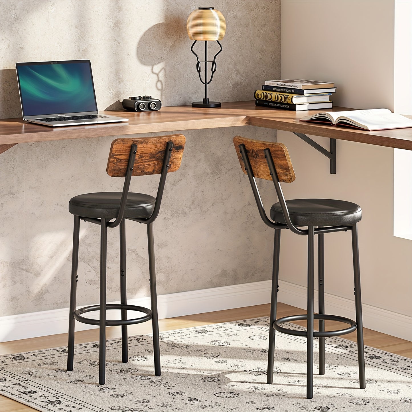 Ensemble de 2 tabourets de bar avec dossier, chaises de bar avec revêtement en cuir PU, chaises de cuisine avec repose-pieds, pour cuisine, salon, bar, montage facile, marron vintage et noir
