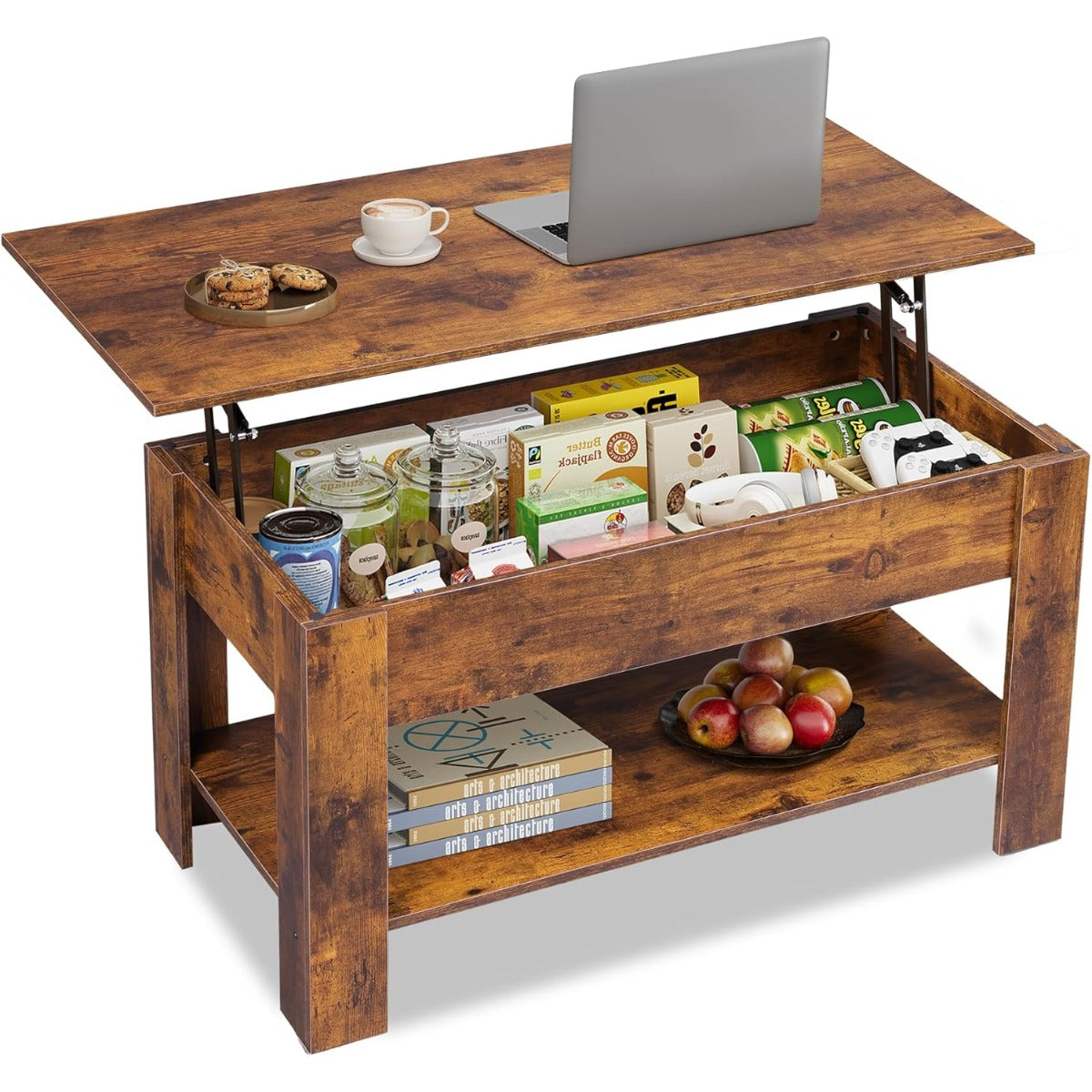 Table Basse Réglable en Hauteur avec Étagère, Table de Salon Rectangulaire avec Espace de Rangement Ouvert et Caché, Table de Salon pour Salon, Chambre à Coucher