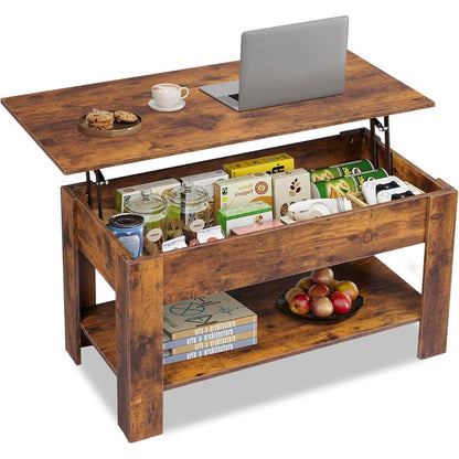 Table Basse Réglable en Hauteur avec Étagère, Table de Salon Rectangulaire avec Espace de Rangement Ouvert et Caché, Table de Salon pour Salon, Chambre à Coucher