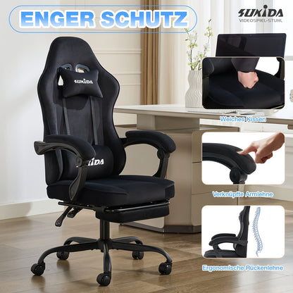 Chaise de jeu en tissu velours avec repose-pieds, chaise de jeu d'ordinateur en option, chaise de jeu vidéo, bureau et chaise rotatives, chaise de jeu d'ordinateur ergonomique grande et haute confortable, chaise de jeu disponible en noir ou gris