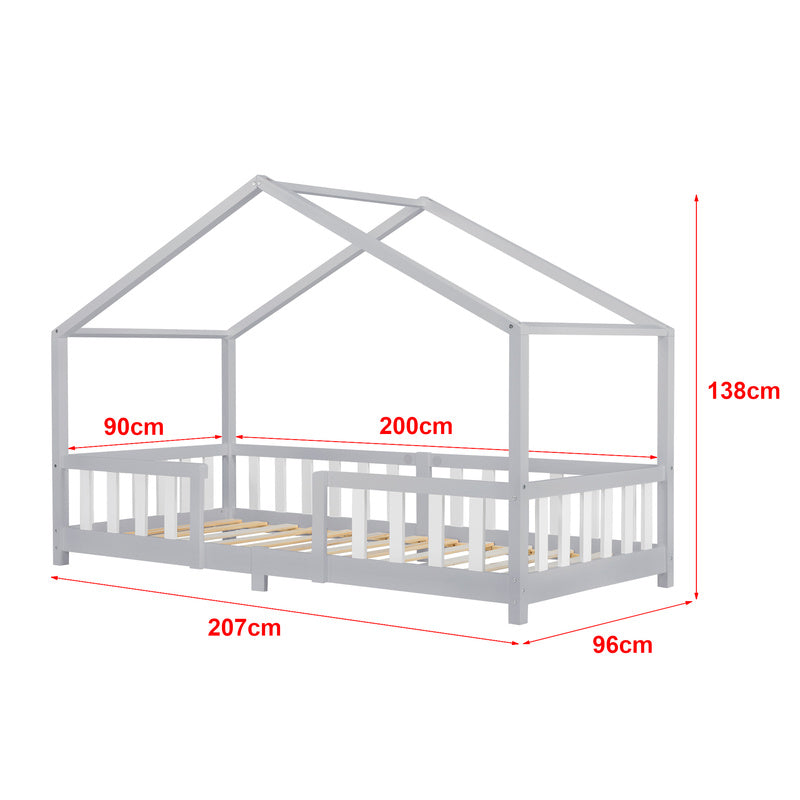 Lit pour enfants Treviolo de style maison avec protection contre les chutes en bois de pin