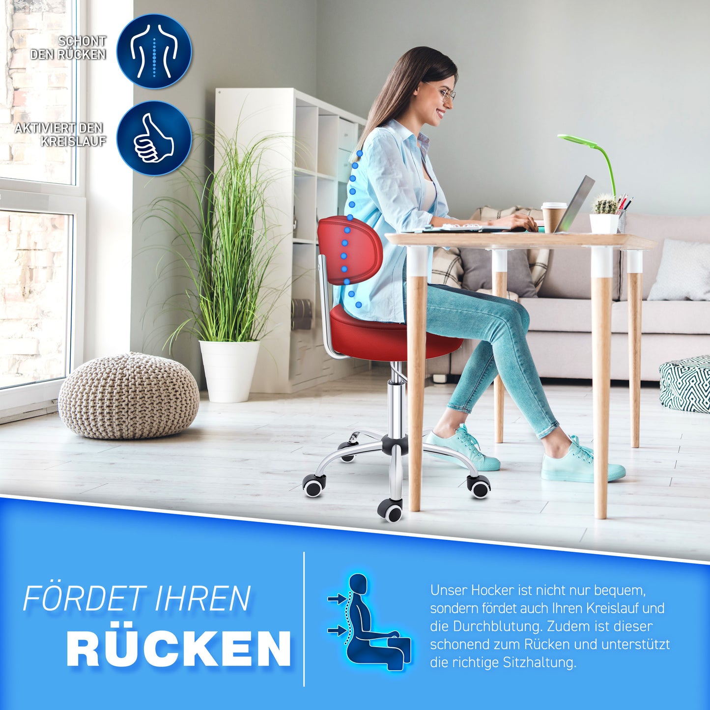 Tabouret Escalier TRESKO® avec Dossier 150 Kg | Tabouret de Travail Réglable en Hauteur 47-60 Cm | Tabouret Pivotant avec Roulettes | Tabouret Chaise de Bureau Chaise Pivotante