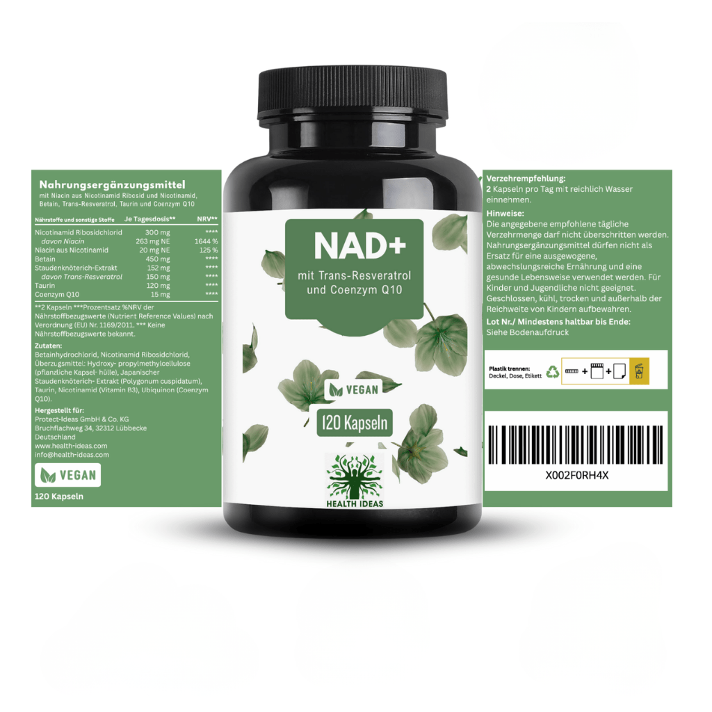 Capsules de Complexe NAD+ – Supplément avec Résvéral, Coenzyme Q10, Quercétine & Vitamine B3 – 120 Capsules Véganes – 2 Mois d'Approvisionnement
