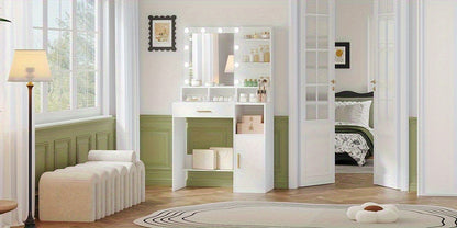 Coiffeuse avec Miroir et 10 Lumières LED, Coiffeuse avec 3 Étagères et 4 Compartiments Ouverts, Coiffeuse avec Grand Tiroir et Placard, 3 Niveaux d'Éclairage Réglables, Blanc, Gris Beige