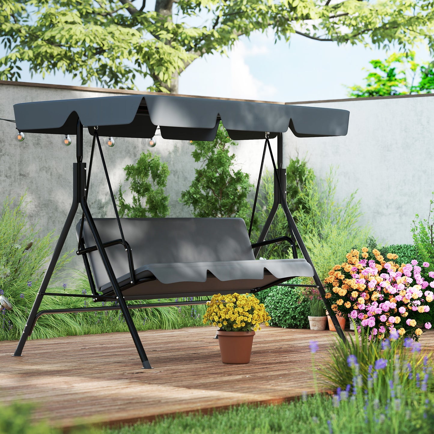 Balancelle de jardin à 3 places avec toit ouvrant réglable et coussin de siège et pieds antidérapants, balançoire de jardin jusqu'à 200 kg, fauteuil à bascule