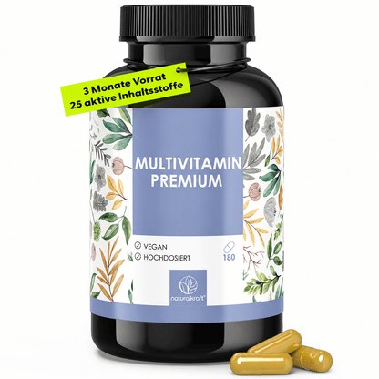 NATURALKRAFT® Multivitamines Premium - Complexe A-Z à haute dose, 180 capsules véganes avec vitamines et minéraux essentiels, incluant la vitamine C, D3, B12, le zinc, le magnésium et les OPC - Testé en laboratoire