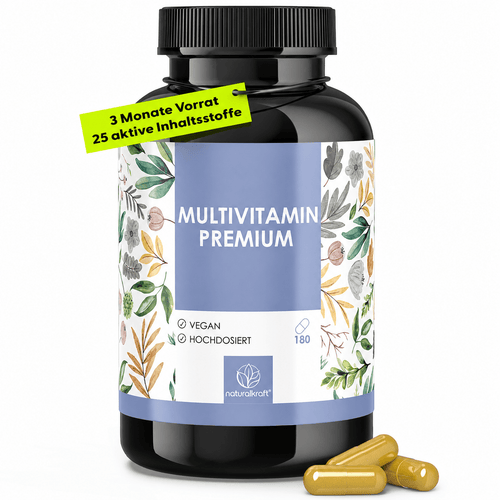NATURALKRAFT® Multivitamines Premium - Complexe A-Z à haute dose, 180 capsules véganes avec vitamines et minéraux essentiels, incluant la vitamine C, D3, B12, le zinc, le magnésium et les OPC - Testé en laboratoire