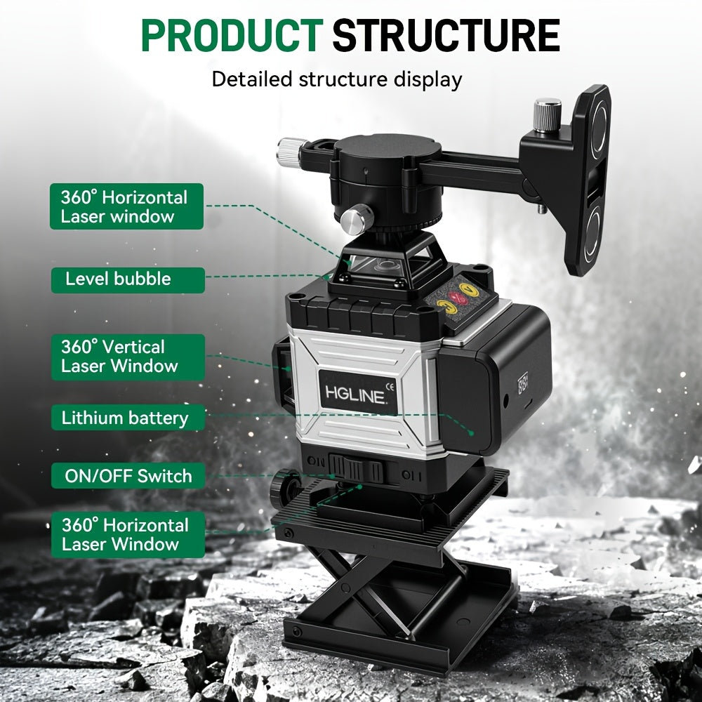 1 Ensemble Niveau Laser 16 Lignes 360 Nivellement Automatique, Outil de Niveau Laser à Ligne Croisée Verte 4X360° pour la Construction et la Suspension de Tableaux, Niveau Laser 4D