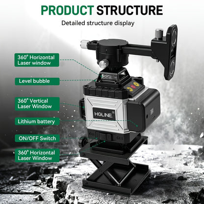 1 Ensemble Niveau Laser 16 Lignes 360 Nivellement Automatique, Outil de Niveau Laser à Ligne Croisée Verte 4X360° pour la Construction et la Suspension de Tableaux, Niveau Laser 4D