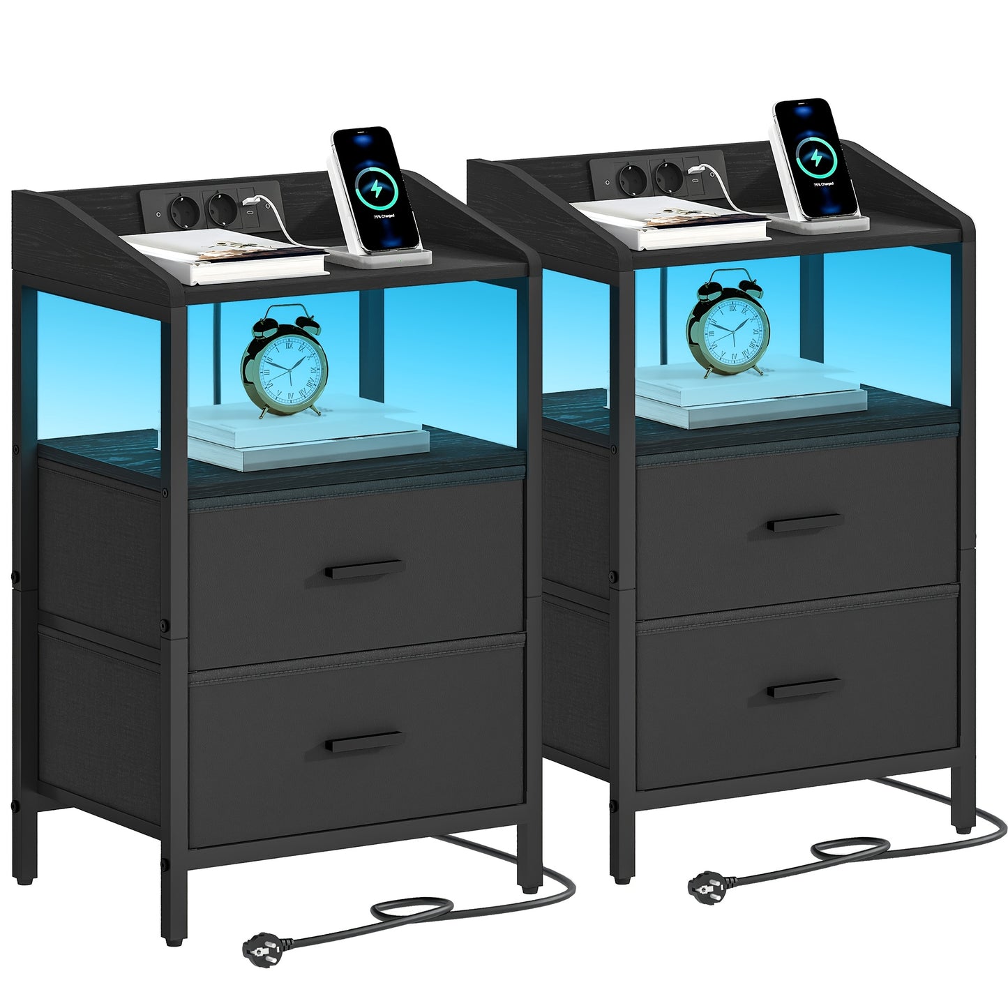 Ensemble de 2 tables de chevet, avec lumières LED et station de charge, table d'appoint avec 2 tiroirs en tissu et étagères, avec ports USB et prises, pour chambre à coucher, salon, blanc