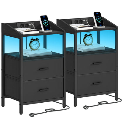 Ensemble de 2 tables de chevet, avec lumières LED et station de charge, table d'appoint avec 2 tiroirs en tissu et étagères, avec ports USB et prises, pour chambre à coucher, salon, blanc