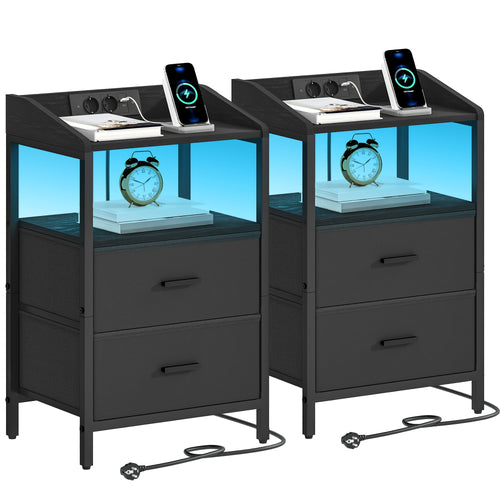 Ensemble de 2 tables de chevet, avec lumières LED et station de charge, table d'appoint avec 2 tiroirs en tissu et étagères, avec ports USB et prises, pour chambre à coucher, salon, blanc