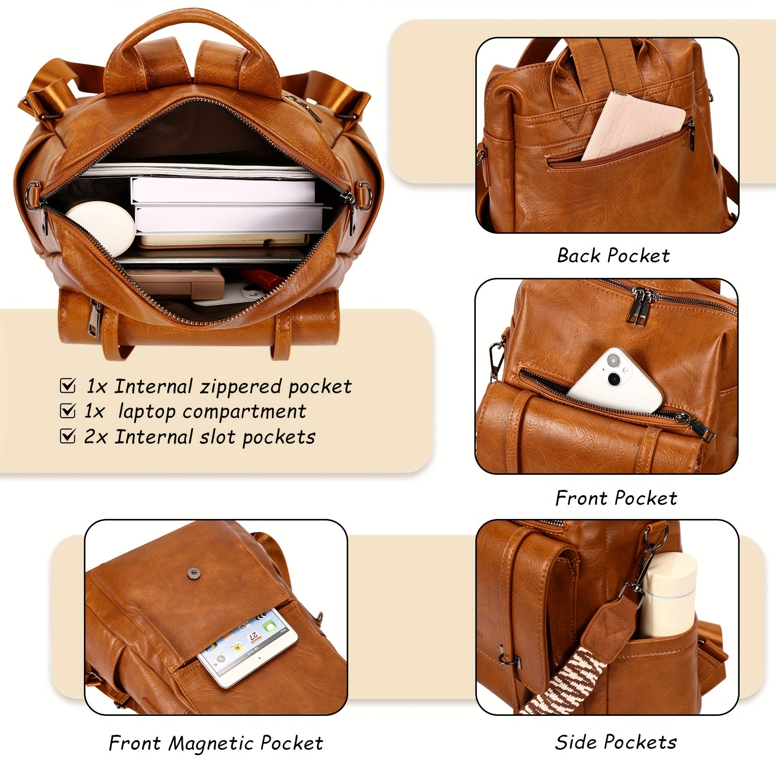 Sac à dos pour femmes Leathario, sac à dos urbain en similicuir végan, sac à main pour femmes, sac à dos de taille moyenne, bureau, navettage, sac à dos de sécurité pour le travail, sac à dos de voyage léger et élégant, entrepôt local
