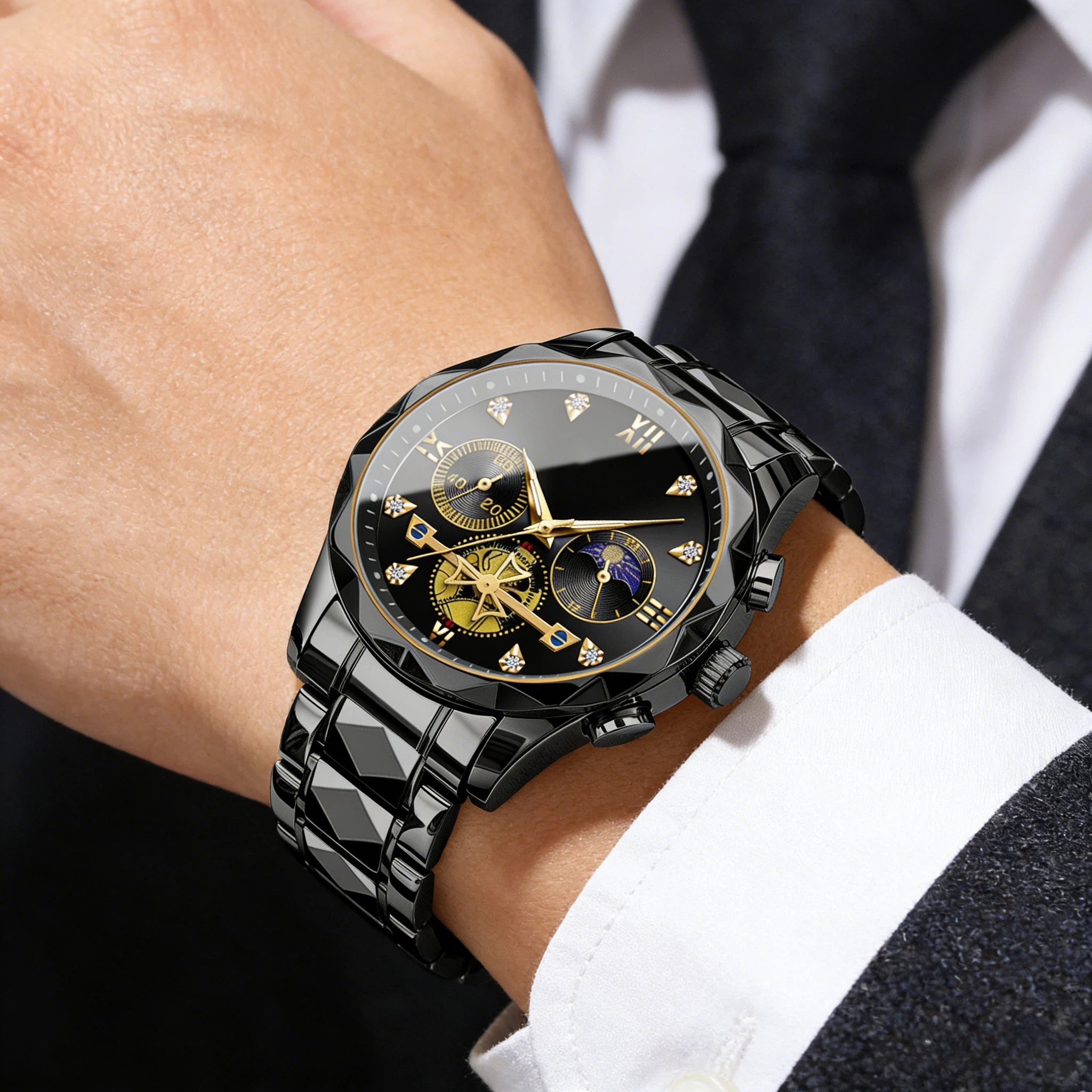 Montre luxueuse en acier inoxydable à écailles, montre entièrement en acier inoxydable massif, premier choix pour les cadeaux d'affaires (Le produit n'inclut pas de boîte en bois)