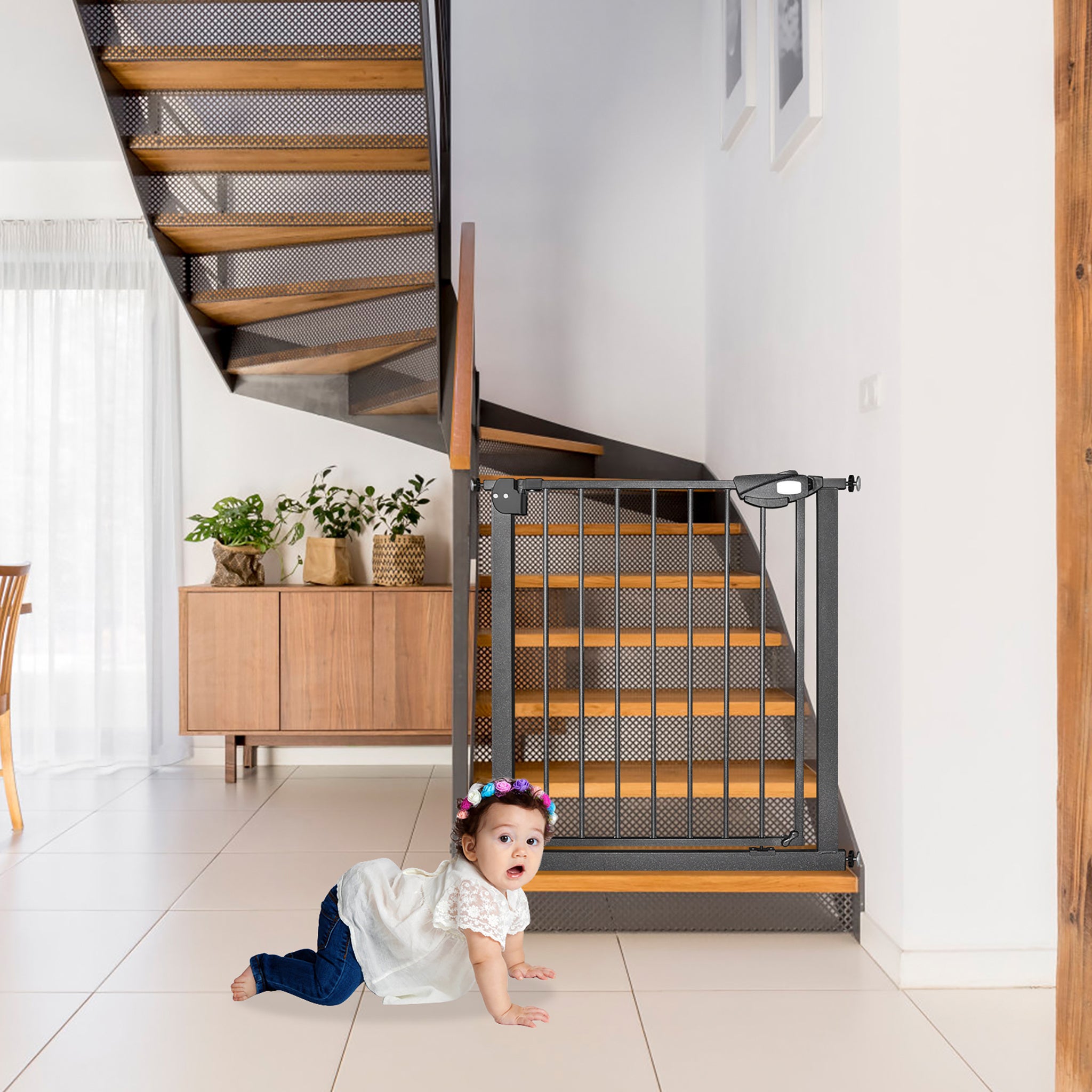 Barrière de sécurité pour escaliers, barrière de sécurité N Stop avec grille métallique, noire, sans perçage requis
