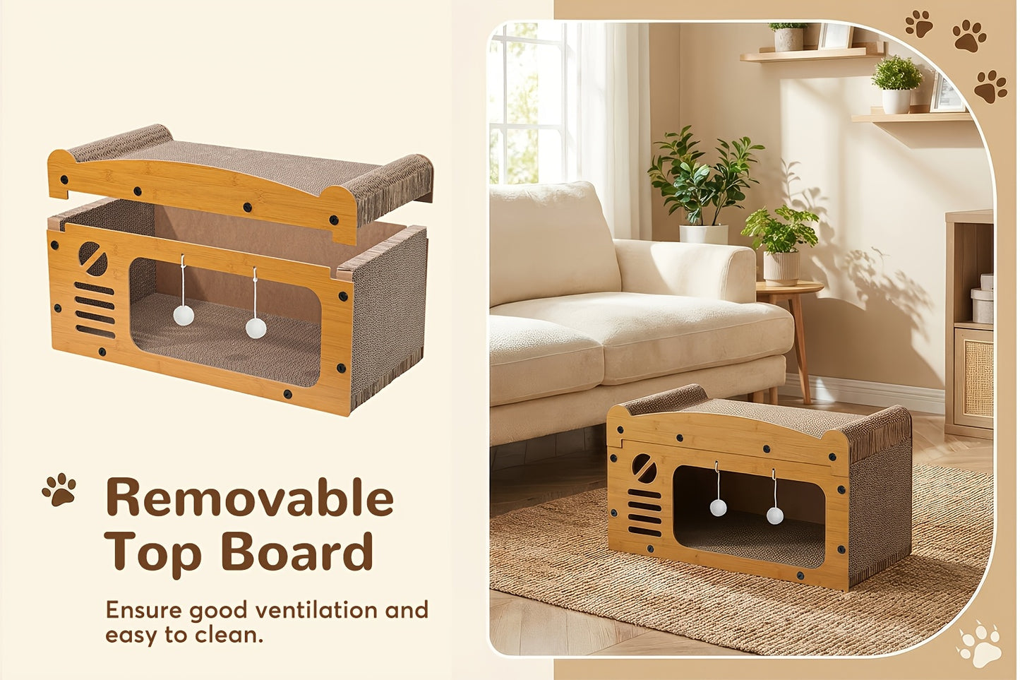 Grande maison pour chat avec poteaux à griffer, panier de transport et griffoir 3-en-1 en carton pour aiguiser les griffes, se cacher et se reposer, pompon intégré pour jouer, construction durable et robuste & facile à assembler, supporte jusqu'à 11 kg, c