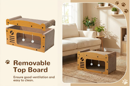 Grande maison pour chat avec poteaux à griffer, panier de transport et griffoir 3-en-1 en carton pour aiguiser les griffes, se cacher et se reposer, pompon intégré pour jouer, construction durable et robuste & facile à assembler, supporte jusqu'à 11 kg, c