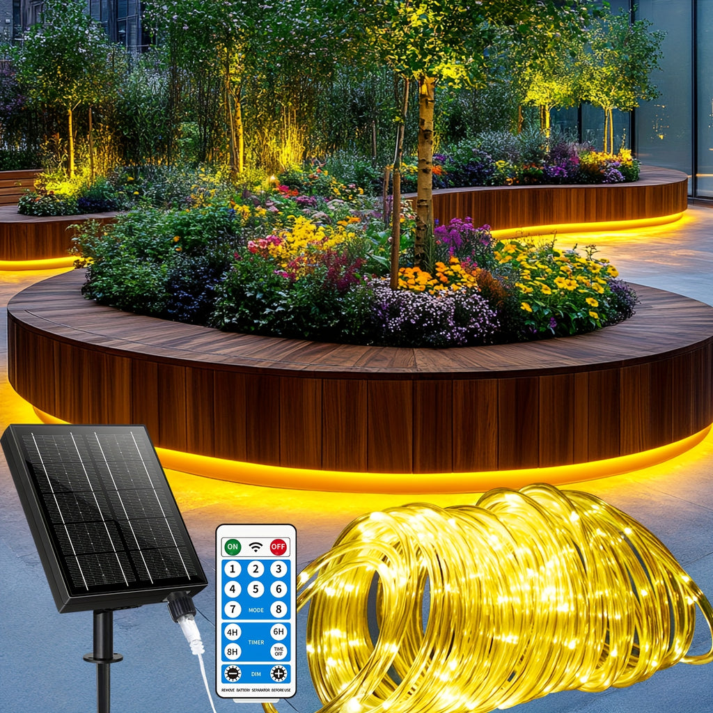 Lumière solaire extérieure blanc chaud avec lumière de jardin 53.34 mètres 620 LED, perles de lampe à haute luminosité 2400 MA, télécommande, 8 modes d'éclairage, rechargeable par USB, convient pour cour, porche, arbres, patio, décoration de vacances