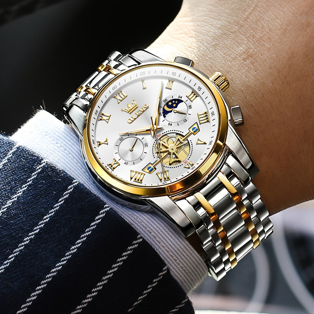 Montres pour Hommes OLEVS Montre à Quartz de Luxe avec Bracelet en Acier Inoxydable, Numéros Romains et Phases Lunaires Lumineuses, Classique Élégante, Cadeaux Romantiques de Noël, Relojes de Hombre Bleu/Noir/Blanche/Cadran Doré