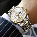 Montres pour Hommes OLEVS Montre à Quartz de Luxe avec Bracelet en Acier Inoxydable, Numéros Romains et Phases Lunaires Lumineuses, Classique Élégante, Cadeaux Romantiques de Noël, Relojes de Hombre Bleu/Noir/Blanche/Cadran Doré