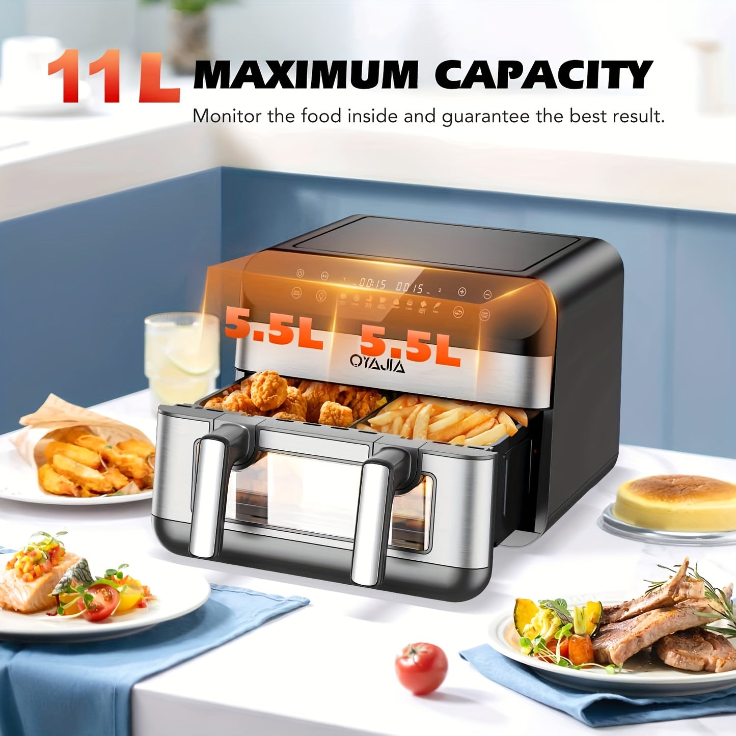 Friteuse à air 10/11L avec deux paniers flexibles, écran tactile numérique, 8 modes de cuisson, température réglable, fenêtre de visualisation, lavable au lave-vaisselle et technologie de cuisson saine pour les familles et la préparation des repas