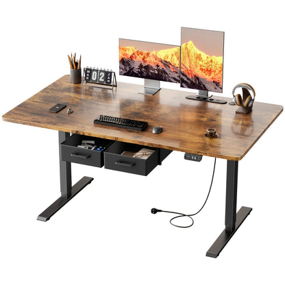 Furnishia Bureau Vertical Électrique avec Panneau Intelligent à Mémoire et 2 Tiroirs, Bureau à Hauteur Réglable avec Prises de Courant, pour Bureau d'Ordinateur à Domicile, Poste de Travail d'Écriture et Chambre à Coucher