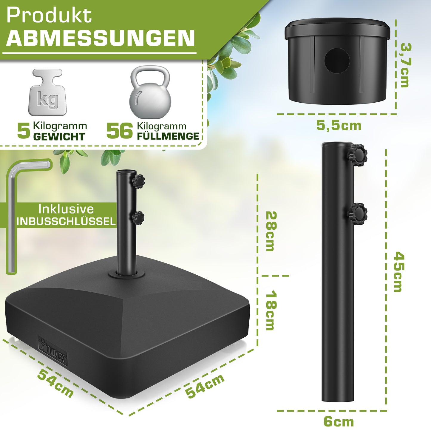 Tillvex® Support de Parasol GRAVIA avec Roues et Freins | Support de Parasol Remplissable 37 Litres / 56 kg | Adapté aux Parasols de Soleil et de Marché Ø 1,8-3,7 m | Roulable, Résistant aux Intempéries et aux UV pour Balcon, Terrasse, Jardin, Petits et G