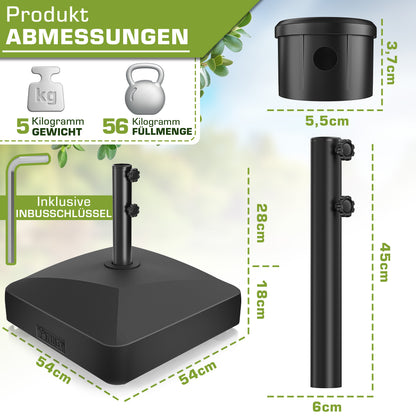 Tillvex® Support de Parasol GRAVIA avec Roues et Freins | Support de Parasol Remplissable 37 Litres / 56 kg | Adapté aux Parasols de Soleil et de Marché Ø 1,8-3,7 m | Roulable, Résistant aux Intempéries et aux UV pour Balcon, Terrasse, Jardin, Petits et G