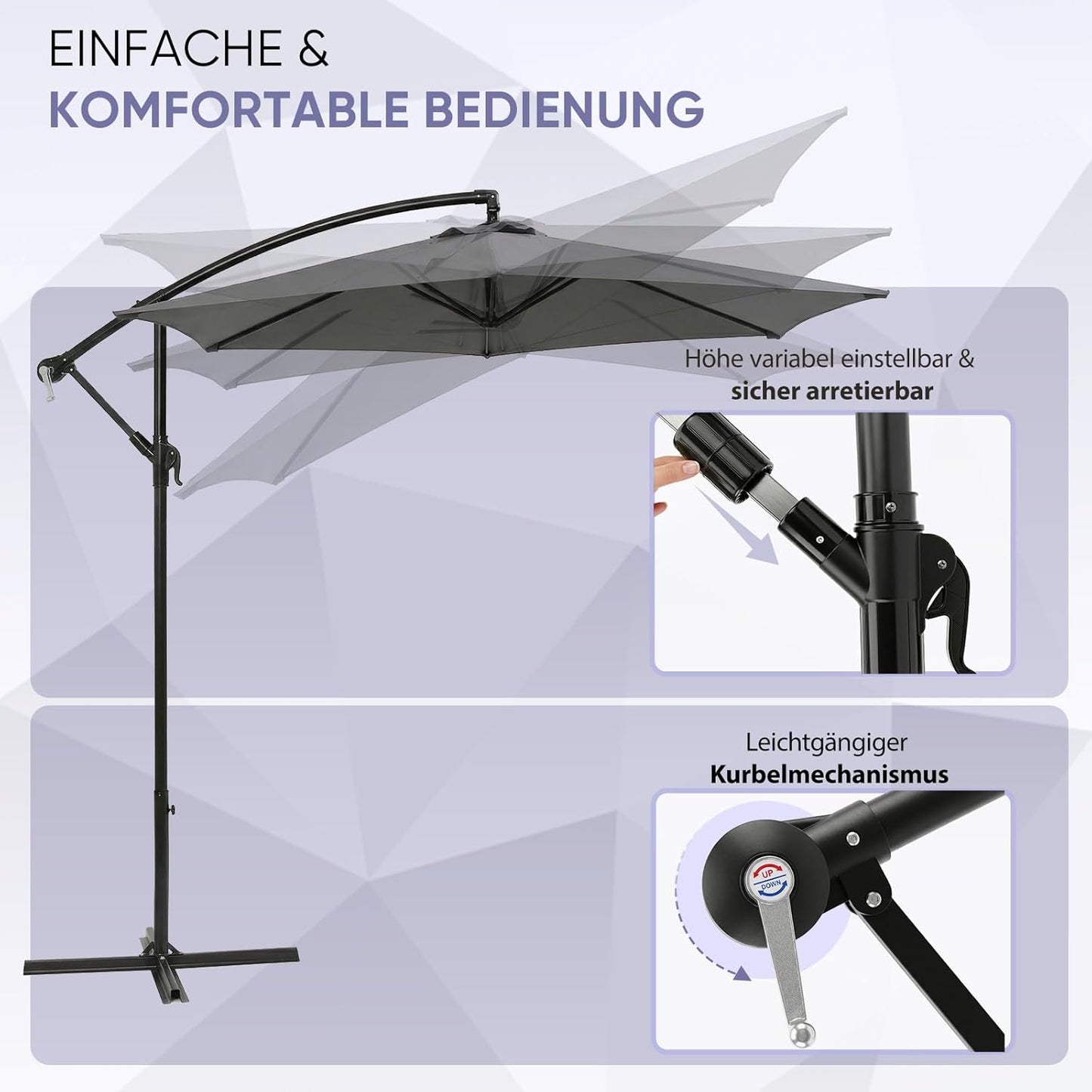 Parasol à baleinière Sekey 300 cm avec auvent inclinable, parasol avec mât en aluminium de 48 mm et 6 entretoises en acier, parasol de jardin et de terrasse rond et pliable, avec sangle supplémentaire -basculement