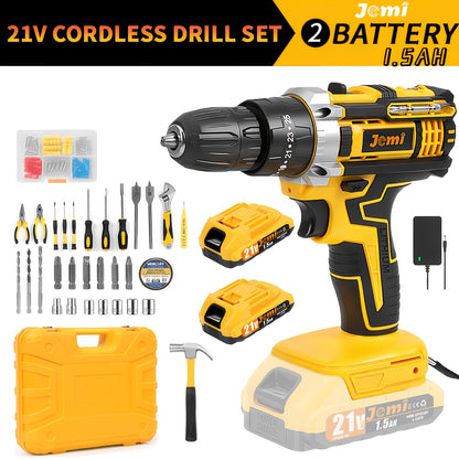 Perceuse sans fil Jemi Tool, kit d'accessoires avec mallette en plastique, batterie amovible 1/2*1500mAh, perceuse 21V adaptée aux opérations industrielles et aux travaux d'entretien quotidien à la maison