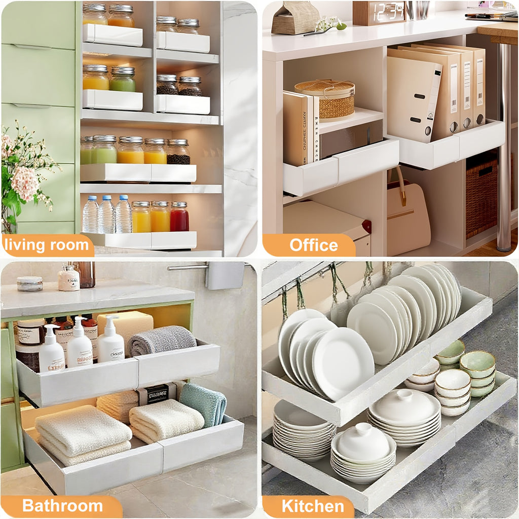 Un lot de 2 organisateurs d'armoire coulissants - étagère extensible à tiroirs adhésifs robuste, adaptée aux armoires de cuisine et étagères escamotables, idéale pour organiser le garde-manger, 31 cm-52 cm réglable (noir, blanc)