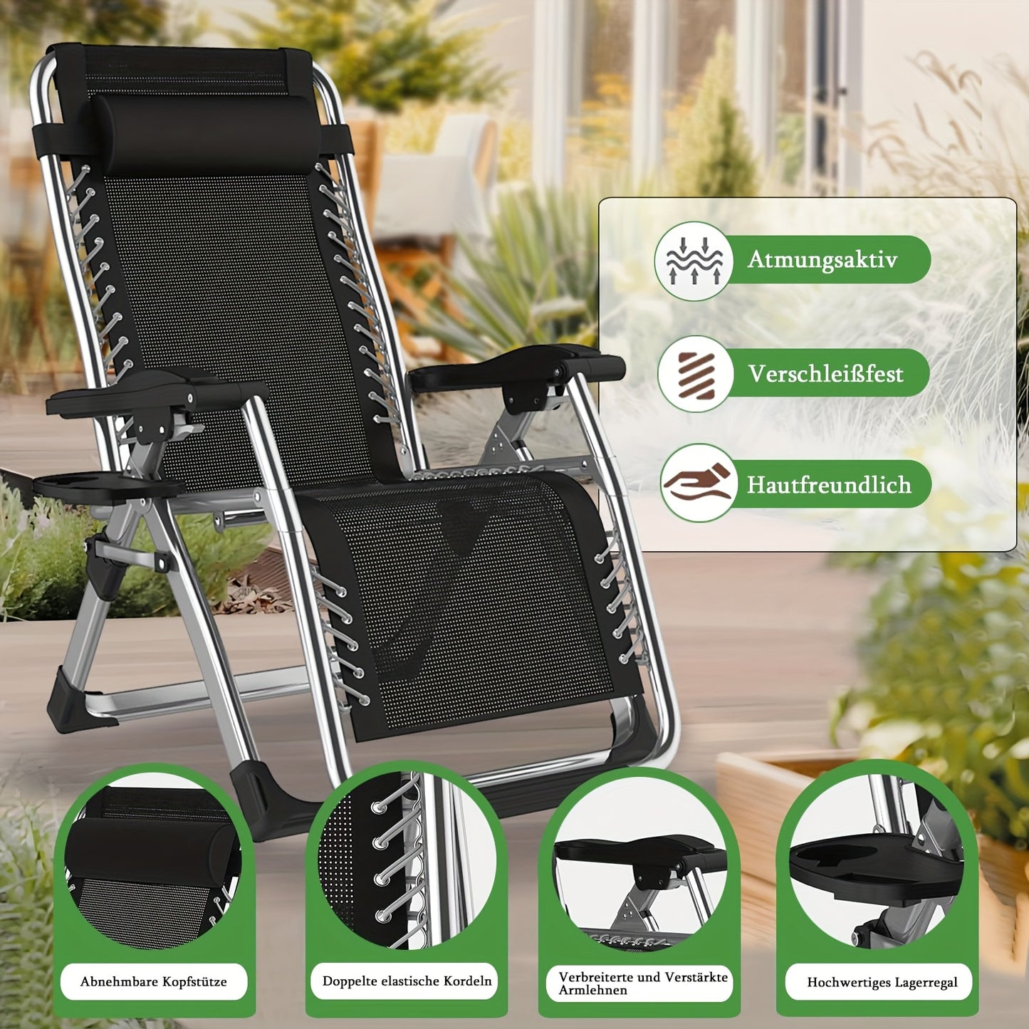 Chaise longue de détente zéro gravité surdimensionnée, 72 cm extra large, inclinable pliable et réglable, capacité de 500 lbs/200 kg, coussin détachable en coton doux avec appui-tête, porte-gobelet, noir gris, pour jardin, terrasse, balcon, patio extérieu