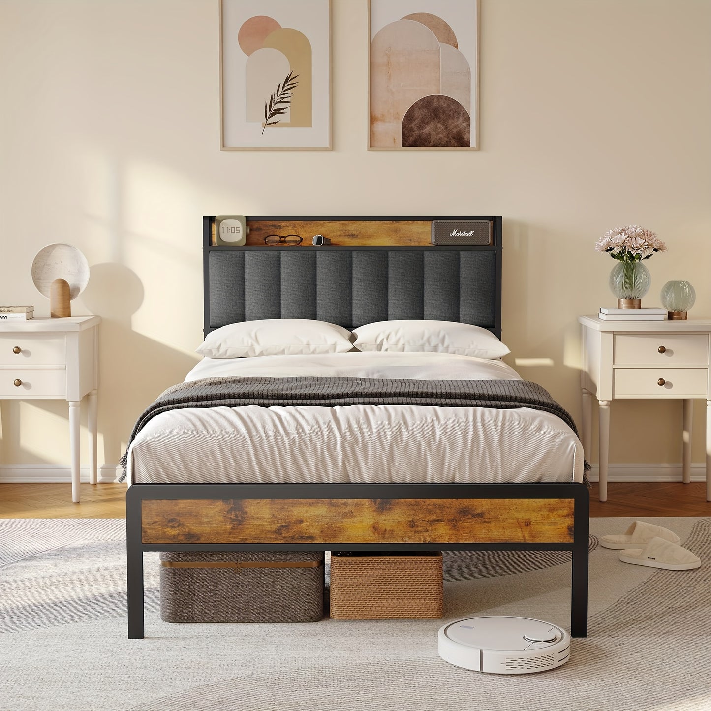 Lit double élégant et tendance en bois rembourré avec cadre en métal, support à lattes en bois et tête de lit ergonomique - Parfait pour n'importe quelle chambre (Gris foncé, Gris)