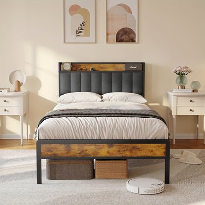 Lit double élégant et tendance en bois rembourré avec cadre en métal, support à lattes en bois et tête de lit ergonomique - Parfait pour n'importe quelle chambre (Gris foncé, Gris)