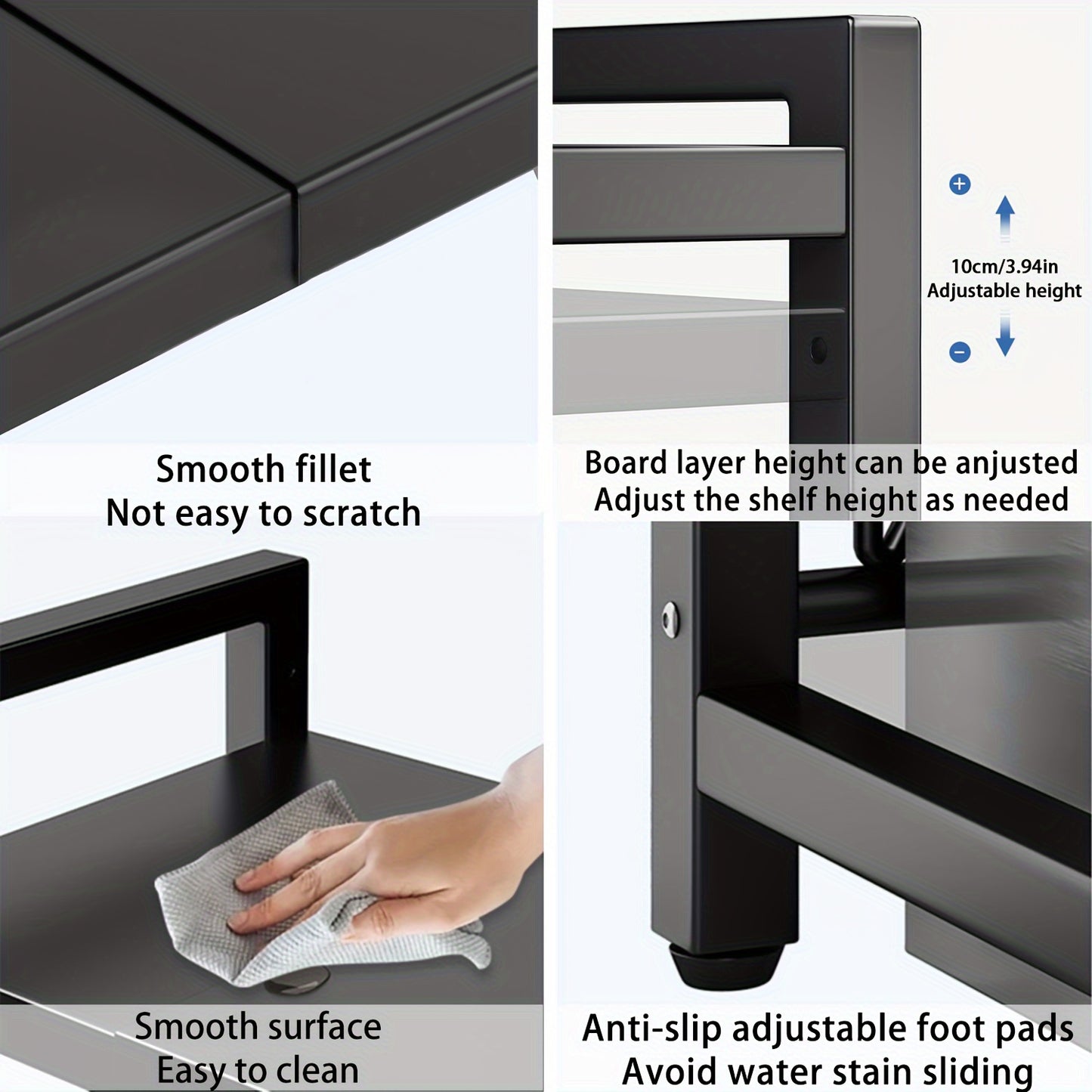 Étagère Micro-ondes Extensible 2 Niveaux avec 5 Crochets, Organisateur de Cuisine, Étagère pour Micro-ondes et Pâtisserie, Extensible de 42 à 60 cm, Noir