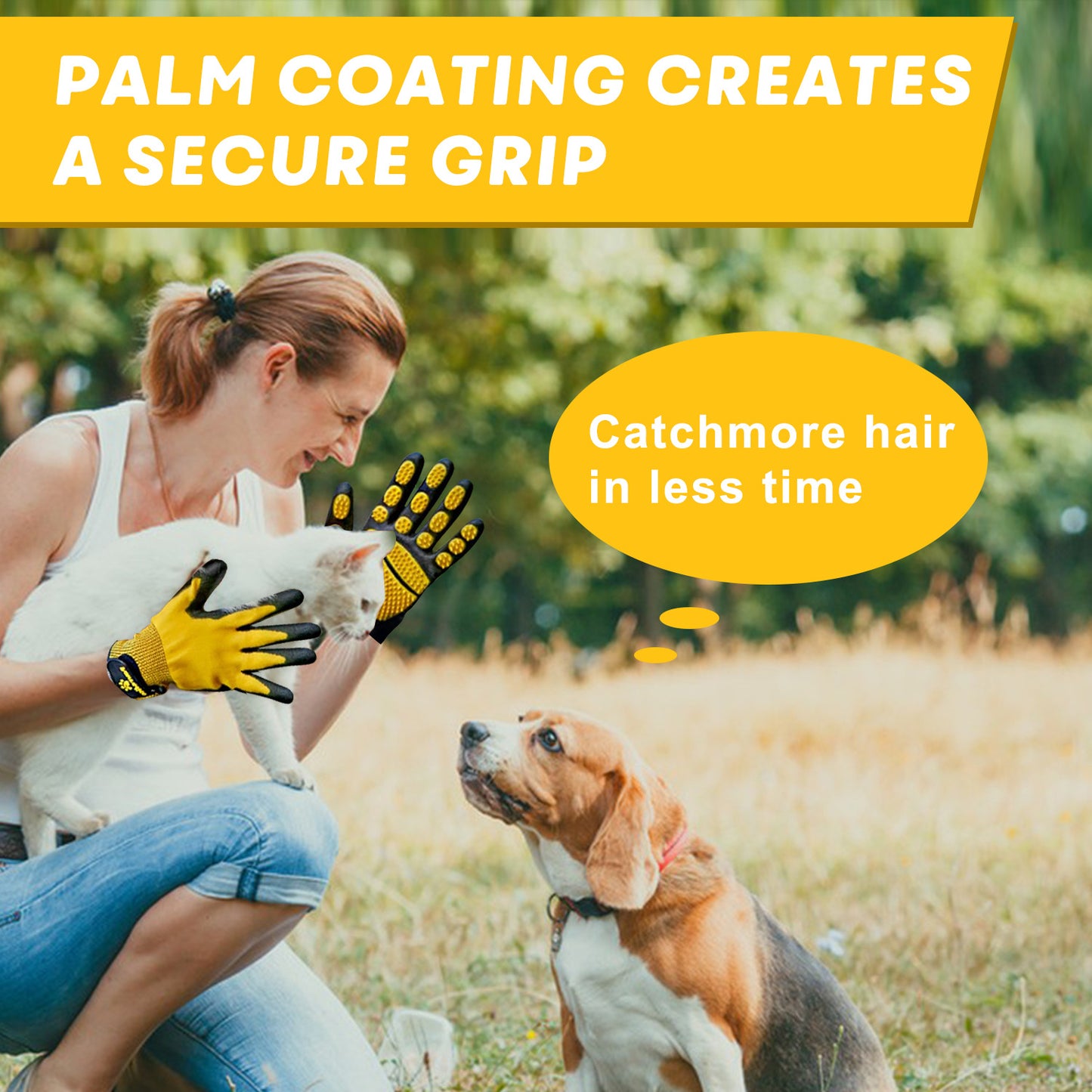 Gants de toilettage et de bain pour animaux de compagnie - Gants anti-peluches adaptés aux animaux avec des poils longs et courts, efficaces pour enlever les poils des chats, des chiens et des chevaux (Jaune)