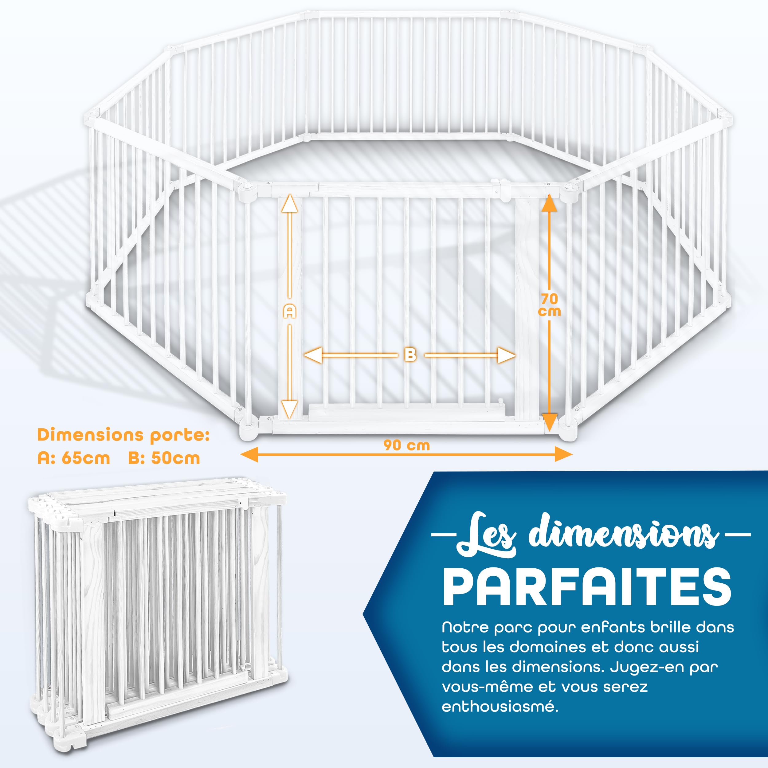 KIDUKU® Parc bébé pliable XXL de 7,2 mètres avec porte | Parc en bois avec double sécurité | Parc pliable pour enfants avec 8 éléments