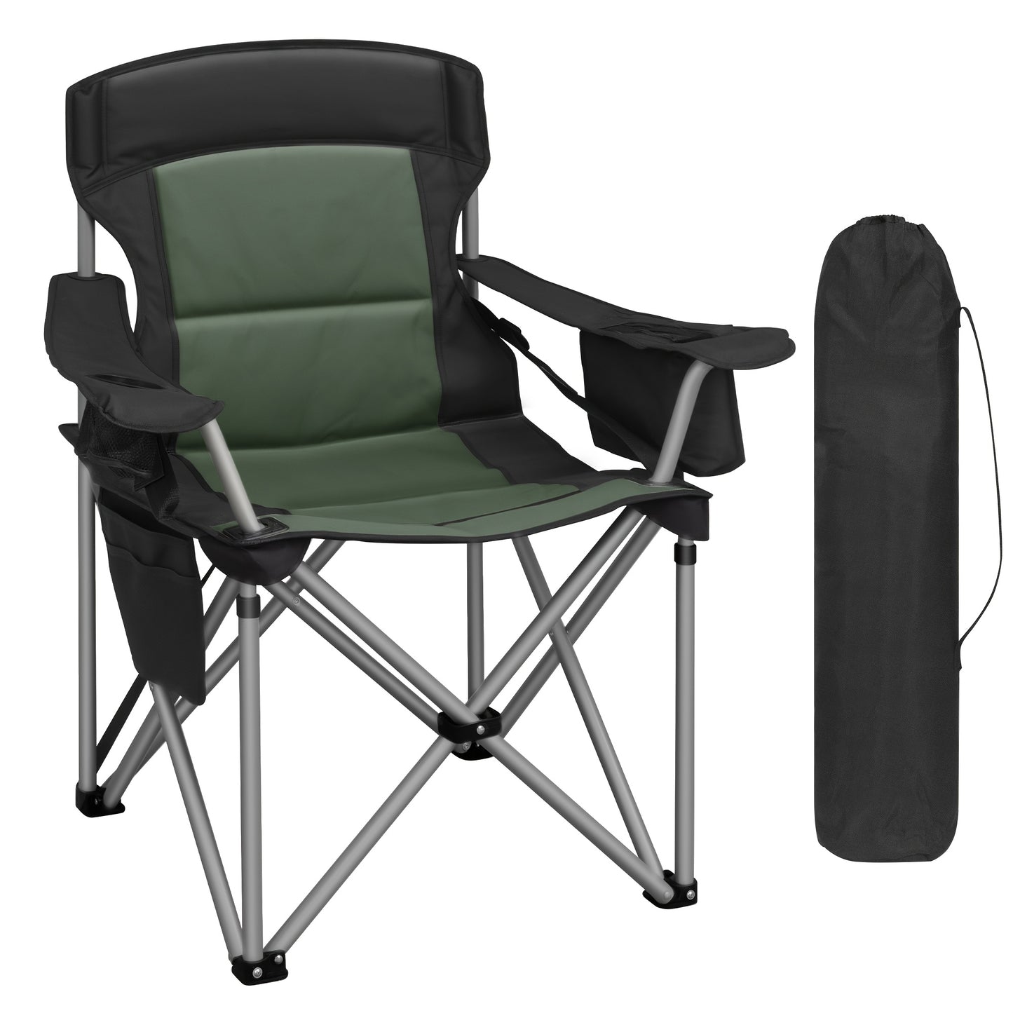 Chaise de camping, capacité 220 kg, chaise de camping pliante avec sac isotherme, porte-gobelet, sac de transport, dossier haut, confortablement rembourrée, chaise de pêche, chaise pliante pour jardin, balcon, plage, noir et vert/noir et gris/noir et oran