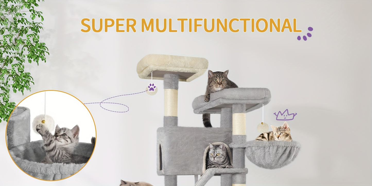 Grand Griffoir pour Chat 185 cm Stable avec 6 Poteaux à Griffer, 3 Grotto, 2 Plateformes d'Observation, 2 Paniers, 4 Balles en Peluche, Griffoir Multiniveau pour Chat