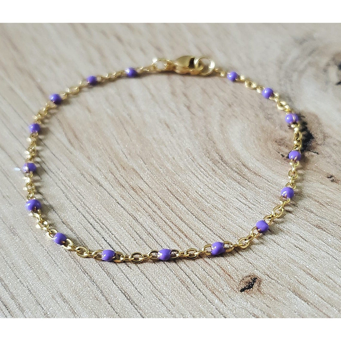 Bracelet perles d'email chaine acier inoxydable couleur or artisanal fait main