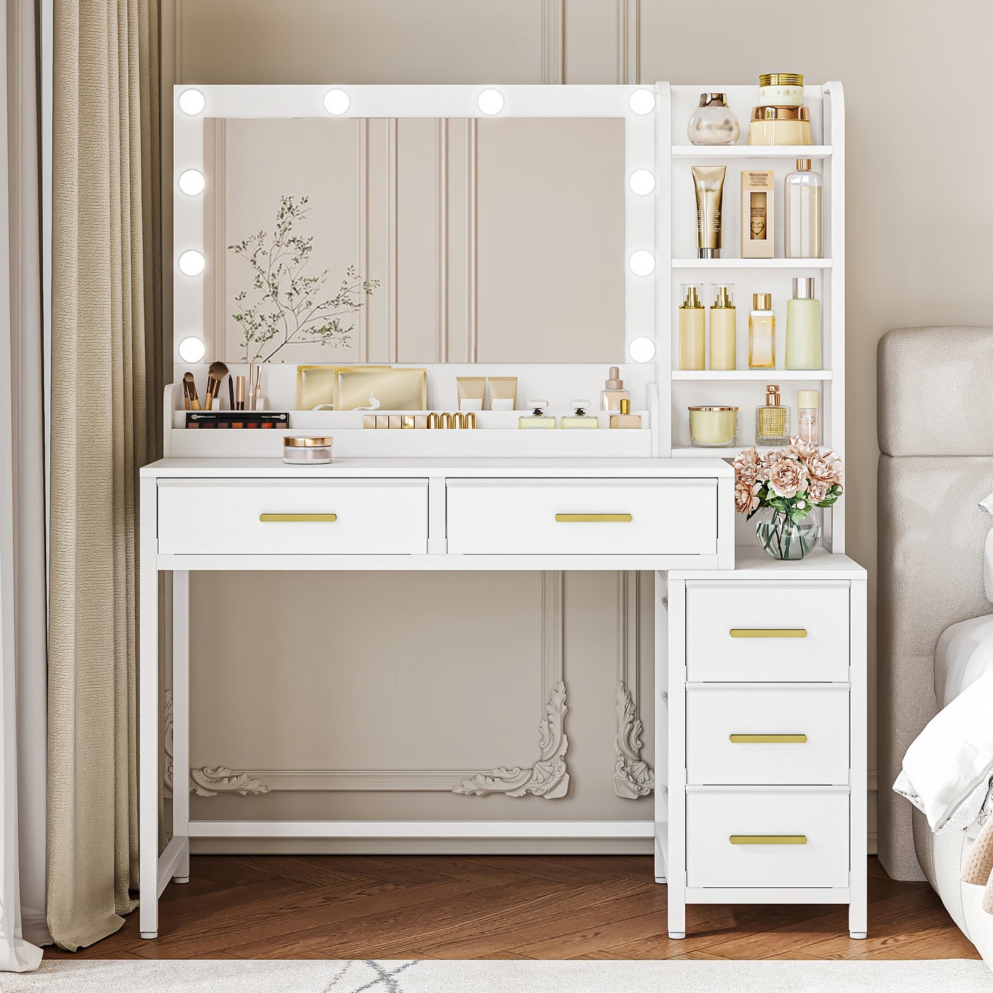Coiffeuse avec grand miroir, 5 tiroirs, 5 compartiments ouverts, espace de rangement devant le miroir, moderne, blanche, 40 × 110 × 141 cm