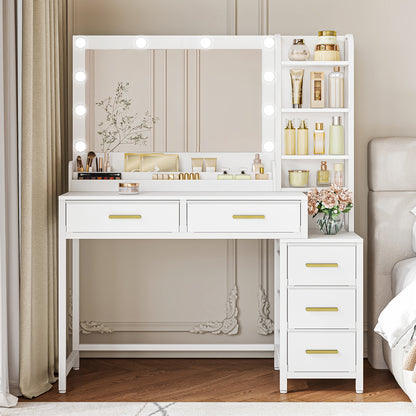 Coiffeuse avec grand miroir, 5 tiroirs, 5 compartiments ouverts, espace de rangement devant le miroir, moderne, blanche, 40 × 110 × 141 cm