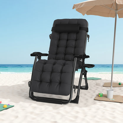Chaise longue de détente zéro gravité surdimensionnée, 72 cm extra large, inclinable pliable et réglable, capacité de 500 lbs/200 kg, coussin détachable en coton doux avec appui-tête, porte-gobelet, noir gris, pour jardin, terrasse, balcon, patio extérieu
